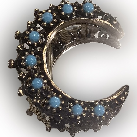 Crescent Shaped Filigree Brooch with Blue Beads - Picture 1 of 6